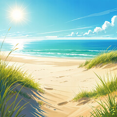 A serene beach scene with the sun shining brightly over the ocean, casting long shadows on the sandy shore.
