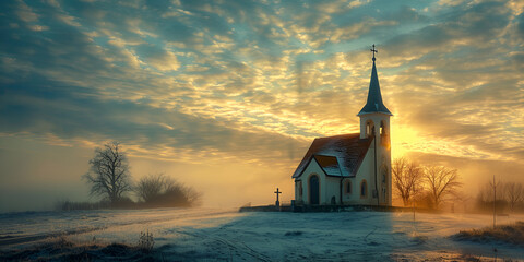 A church with a steeple in the background - obrazy, fototapety, plakaty