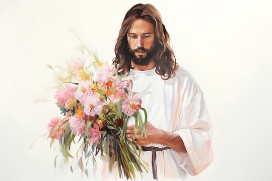 Jesus Christ with a bouquet of flowers isolated on white background.
