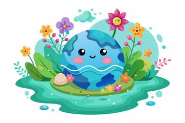 Planet cartoon is decorated with charming flowers against a white background.