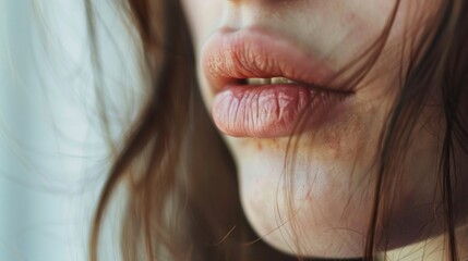 The uneven texture of chapped lips evoking a sense of vulnerability. .