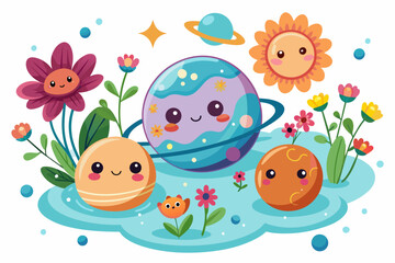 Charming cartoon planets adorned with colorful flowers float on a serene white background.
