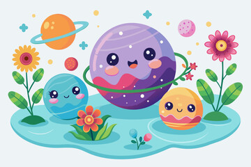 Cartoon planets adorned with vibrant flowers dance playfully against a pristine white backdrop.