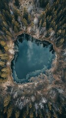 Aerial view of a minimalist landscape, sharp contrast, heartshaped lake surrounded by sparse trees
