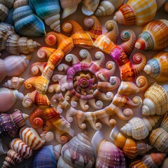Aerial view of multicolored shells arranged in a conceptual spiral, high contrast background