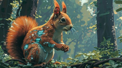 Cyber-Enhanced Squirrel Gathering Data Nuts in Futuristic Forest