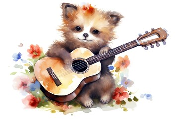 Cute pomeranian dog with a guitar. Watercolor illustration