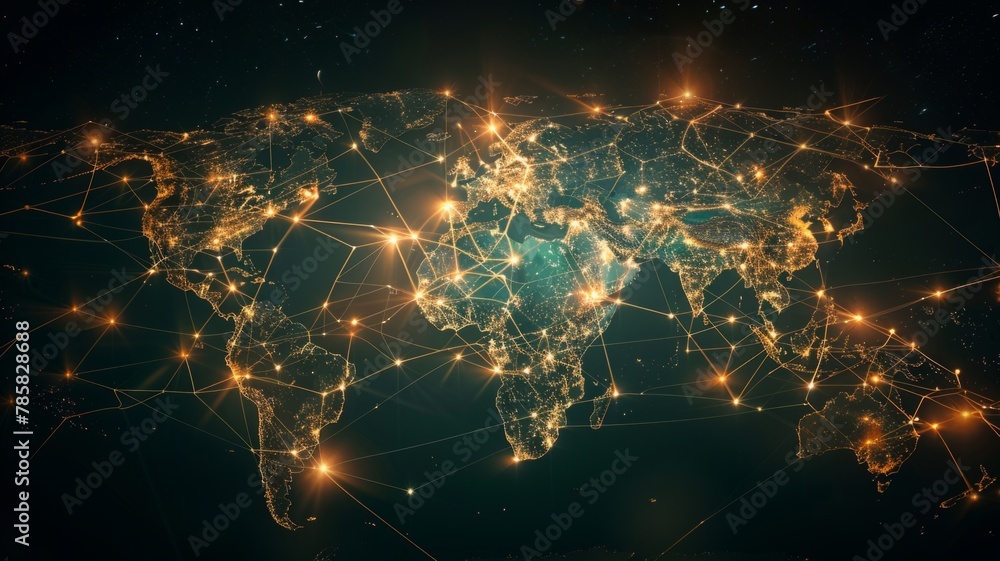 Poster illuminated global network concept with cities - illuminated lines and nodes representing global com