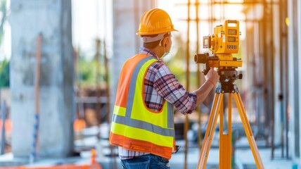 Surveyor working with total station on site - Construction surveyor operates a total station amidst the industrial backdrop of a bustling construction site with tangible progress