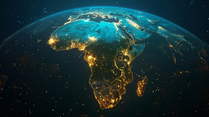 Nighttime view of Africa's coastline from space - Earth's horizon at night showcasing Africa's illuminated coastline and clusters of lights indicating civilization - obrazy, fototapety, plakaty