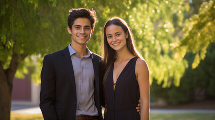 Portrait of a young couple standing in the park on a sunny day, looking at camera
