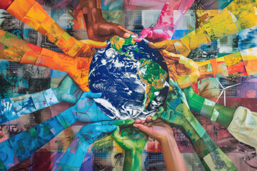 A vibrant collage of hands from different ethnicities holding the Earth, symbolizing global unity and diversity for World Humanism Day. - obrazy, fototapety, plakaty