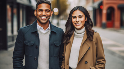Portrait of a smiling young couple standing in an urban street