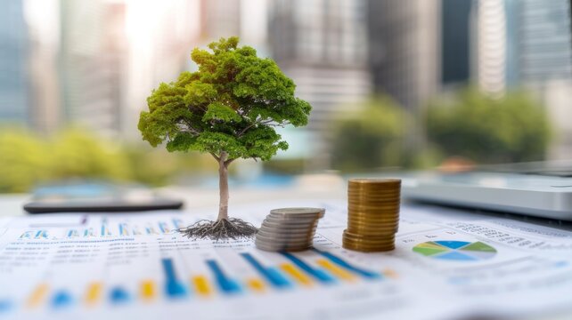 Lush tree growing on top of coin stacks - Image depicting a lush green tree growing on top of graduated coin stacks, symbolizing financial growth and investment