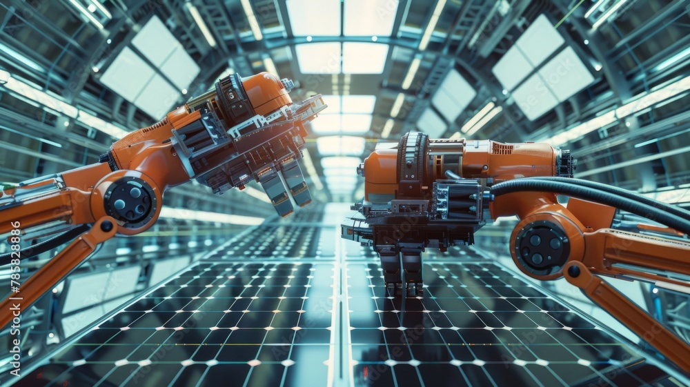 Poster robotic arms aligning solar panels in sequence - this image captures robotic arms meticulously posit