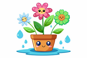 Charming cartoon pot flower blooming with colorful flowers.