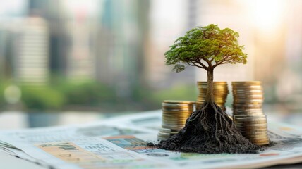 Tree growing on coins stack on newspapers - The concept of investment growth with a tree that symbolizes prosperity growing on stack of coins on financial newspaper background - obrazy, fototapety, plakaty
