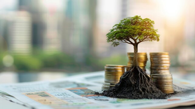 Tree growing on coins stack on newspapers - The concept of investment growth with a tree that symbolizes prosperity growing on stack of coins on financial newspaper background