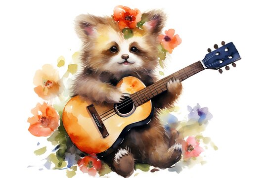 Pomeranian puppy with guitar. Watercolor painting on white background