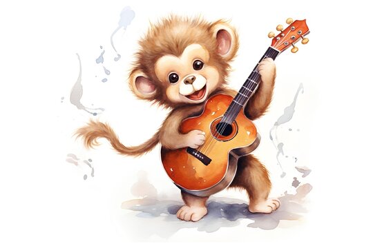 Cute monkey with guitar isolated on white background. Watercolor illustration