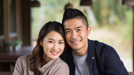 Young asian couple sitting in a coffee shop and smiling at camera