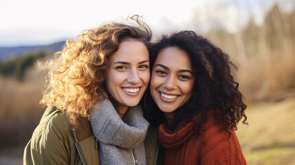 Portrait of two young multiethnic women smiling and looking at camera outdoors
