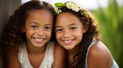 Portrait of two little girls with flowers in their hair smiling at camera