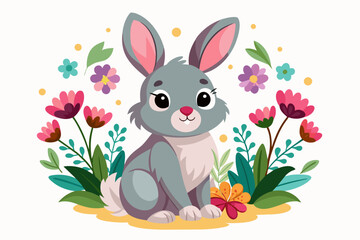 Charming rabbit cartoon with colorful flowers on a white background.