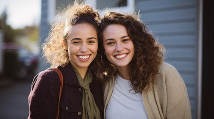 Portrait of smiling young women standing in street on a sunny day. Looking at camera