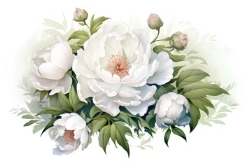 Beautiful vector bouquet of white peony flowers with green leaves.