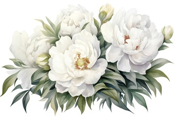 White peony flowers bouquet isolated on white background. Watercolor illustration.