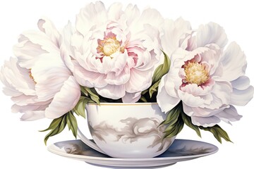 White peonies in a porcelain cup and saucer.