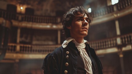 Contemplative Young Composer in Historical Opera House
