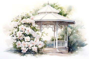 Watercolor illustration of a gazebo with white flowers in the park.