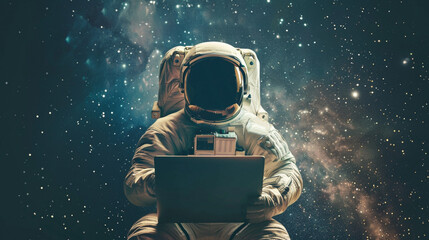 Fantasy concept, lonely astronaut using laptop to work outer space