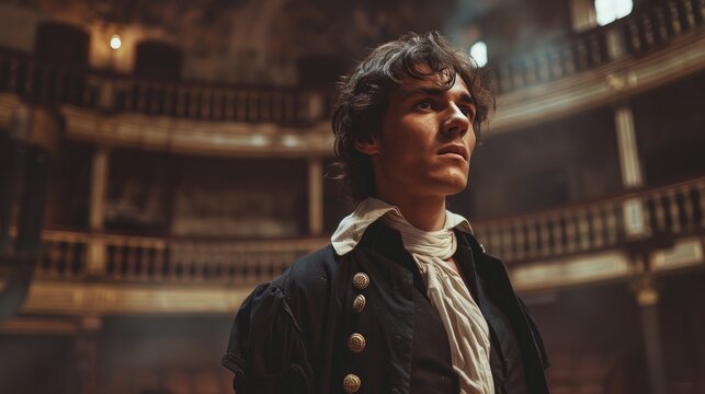 Contemplative Young Composer in Historical Opera House
