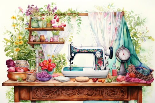 Sewing machine, tools and flowers. Watercolor illustration.