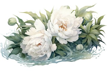 White peony bouquet with green leaves, watercolor illustration.