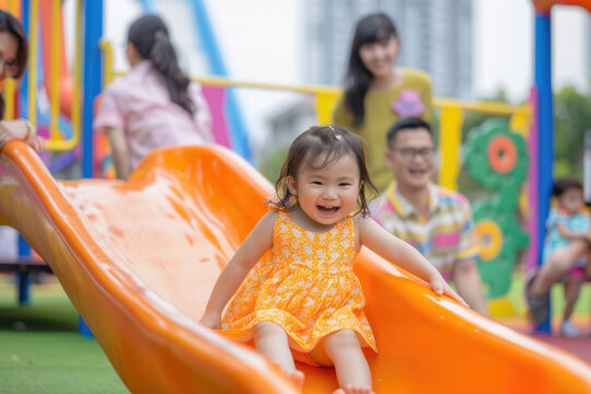 A cute little Asian girl is sliding down the slide in an orange plastic play structure on her lawn, wearing colorful and smiling happily.