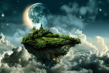 A mystical floating island with a castle on it. The island is covered in a lush green forest. The sky is dark and there is a full moon.