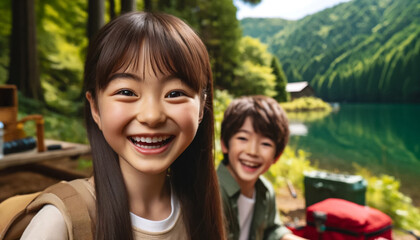 湖畔でのピクニックを楽しむ日本人の小学生の子供たち