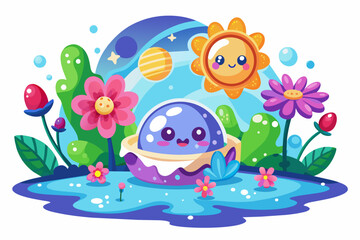 Space cartoon character adorns with flowers on a white background.