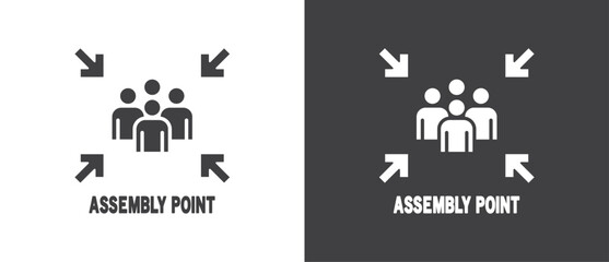 Flat icon of Assembly point sign. gathering point signboard, Assembly point icon, emergency evacuation icon symbol, assembly sign vector illustration in black and white background. - obrazy, fototapety, plakaty
