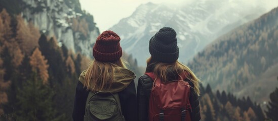 Two female hikers with backpacks gazing at a beautiful mountain range covered in snow and surrounded by a serene natural landscape - obrazy, fototapety, plakaty