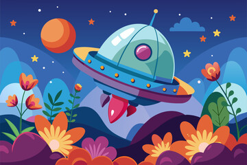A charming cartoon spaceship soars through a sky adorned with cheerful flowers.
