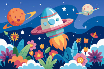 A charming spaceship soars through a cartoonish sky, adorned with vibrant flowers.