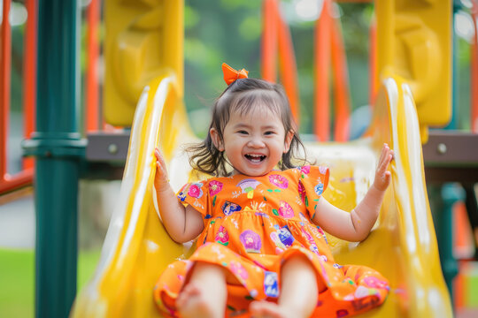 A cute little Asian girl is sliding down the slide in an orange plastic play structure on her lawn, wearing colorful and smiling happily.