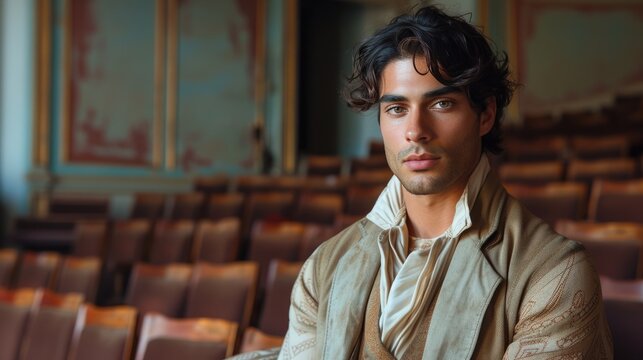 Contemplative Man in Vintage Attire at the Theater
 - Powered by Adobe