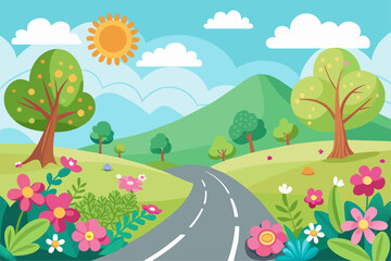Charming cartoon road with blooming flowers on a white background.