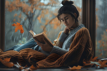 A girl in a comfortable sweater deeply engrossed in a book, sitting near a window on a rainy autumn day, encapsulating a sense of calm and tranquility.